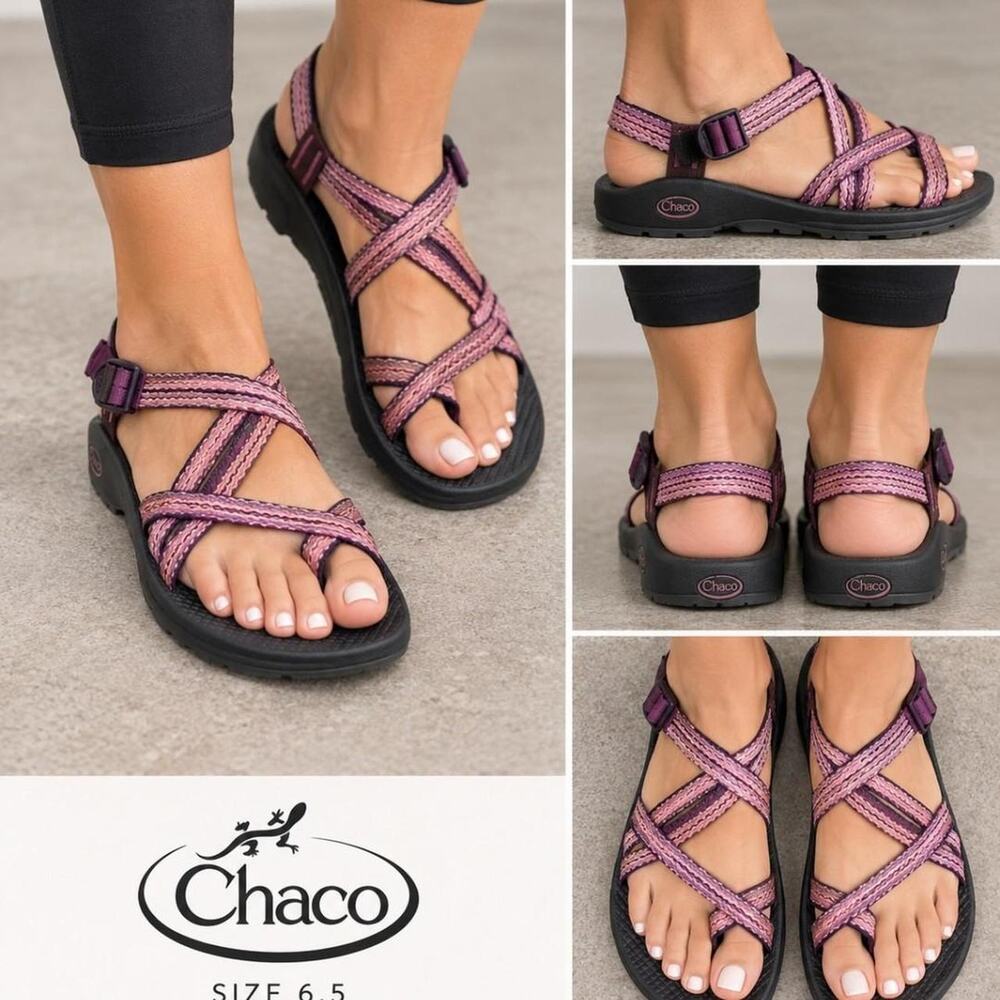 Chacos Black/purple strappy sandals with pink and purple woven straps, size US 8